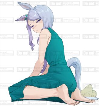 1girl animal_ears bare_shoulders barefoot closed_mouth dress green_dress high_heels highres horse_ears horse_girl horse_tail looking_at_viewer mejiro_mcqueen_(umamusume) seiza shoes sidelocks simple_background sitting sleeveless sleeveless_dress solo swept_bangs tail takamaza thick_eyebrows umamusume unworn_shoes watermark white_background