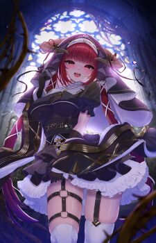 1girl :d asymmetrical_legwear black_dress black_gloves black_shawl blurry blurry_background breasts church commentary_request cowboy_shot curled_horns dress frilled_dress frills garter_straps gloves hair_ribbon hand_up heterochromia highres hololive horn_ornament horn_ribbon horns houshou_marine houshou_marine_(ahoy!!_you&#039;re_all_pirates) inari_(ambercrown) indoors large_breasts long_hair looking_at_viewer nun o-ring o-ring_thigh_strap official_alternate_costume official_alternate_hairstyle open_mouth red_eyes red_hair ribbon shawl short_dress skin_tight smile solo teeth thigh_strap thighhighs twintails uneven_legwear upper_teeth_only very_long_hair virtual_youtuber white_ribbon white_thighhighs yellow_eyes