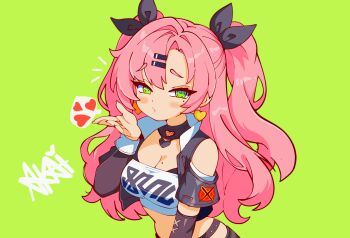 1girl akaibeeyume bare_shoulders black_ribbon bra bra_peek breasts cleavage clothing_cutout green_eyes hair_ornament hair_ribbon hairclip hand_up heart highres long_hair long_sleeves looking_at_viewer midriff mole mole_under_eye nicole_demara pink_hair ribbon shoulder_cutout solo strapless tube_top two_side_up underwear upper_body very_long_hair zenless_zone_zero