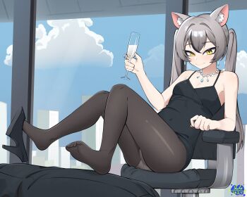 1boy 1girl absurdres all_fours animal_ear_fluff animal_ears arm_rest artist_name ass bare_shoulders black_dress black_hair black_pantyhose black_shoes black_streaks blue_nails blue_sky breasts cat_ears cat_girl chair champagne_flute city cityscape closed_mouth clothes_lift cloud cocktail_dress collarbone commentary covered_navel crotch cup curled_fingers dot_nose double-parted_bangs dress dress_lift drinking_glass english_commentary eyebrows_hidden_by_hair feet fingernails foot_on_back foot_up full_body gabeyman go!_go!_gris! grey_hair hair_between_eyes hair_intakes half-closed_eyes hand_up high_heels highres holding holding_cup human_footrest indoors jewelry knees_together_feet_apart leaning_back legs_up light_blush logo long_eyelashes long_hair looking_at_viewer looking_to_the_side milk multicolored_hair narrowed_eyes necklace office_chair on_chair out_of_frame panties panties_under_pantyhose pantyhose pantyshot pearl_necklace raised_eyebrows reclining see-through_pantyhose sheer_pantyhose shoe_dangle shoes short_dress sidelocks signature single_shoe sitting sky skyline sleeveless sleeveless_dress slit_pupils small_breasts smile solo_focus spaghetti_strap streaked_hair striped_blush swivel_chair thick_eyelashes thighs timestamp toes tsurime twintails two-tone_hair underwear upskirt very_long_hair viska_(go!_go!_gris!) window yellow_eyes