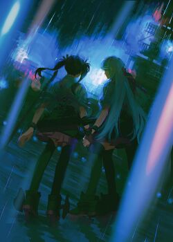 2girls absurdres black_thighhighs commentary from_behind gloves hair_ribbon hakama hakama_skirt headband highres holding_hands hoshi_(liujingxing333) japanese_clothes kantai_collection kimono long_hair multiple_girls night outdoors partially_fingerless_gloves partly_fingerless_gloves rain red_hakama ribbon rigging rudder_footwear ship shoukaku_(kancolle) single_glove skirt standing symbol-only_commentary tasuki thighhighs twintails very_long_hair water watercraft yugake zuikaku_(kancolle)