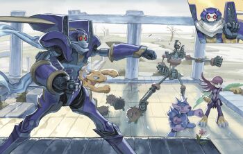 1girl 3boys absurdres ancient_gear_frame baby_dragon beaver_warrior duel_monster exercising half-harpy highres junk_warrior kuriboh level-00 multiple_boys outdoors punching red_eyes robot_boy scarf toon_harpy_lady yu-gi-oh!