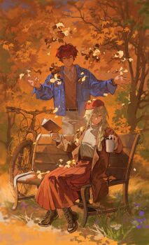 1boy 1girl ;/ absurdres alex_(degrees_of_lewdity) alex_(male)_(degrees_of_lewdity) autumn autumn_leaves belt bench bicycle black_belt blonde_hair blue_jacket blurry blurry_edges book boots braid brown_boots brown_coat brown_pants brown_sweater closed_mouth coat collared_shirt crossed_bangs cup day degrees_of_lewdity denim denim_jacket dirt disposable_coffee_cup disposable_cup double-parted_bangs drink flower freckles full_body grass green_eyes grin hair_between_eyes hice_hideice high-waist_skirt highres holding holding_book holding_drink jacket knee_boots lapels leaf long_hair long_skirt long_sleeves looking_at_another looking_down notched_lapels one_eye_closed open_book open_clothes open_coat open_jacket outdoors pants player_character_(degrees_of_lewdity) player_character_(female)_(degrees_of_lewdity) pleated_skirt purple_flower red_hair red_skirt shirt short_hair side_braid single_braid sitting skirt smile standing sweater thick_eyebrows throwing tree turtleneck white_flower white_shirt wing_collar wooden_bench yellow_eyes