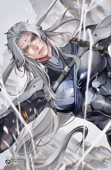 Rule 34 | 1boy, arms up, bodysuit, calcharo (wuthering waves), chest harness, closed mouth, commentary, covered abs, covered pectorals, dutch angle, facial mark, floating hair, grey hair, harness, highres, long hair, male focus, mutton (mutton0141), parted hair, pectorals, polearm, solo, tacet mark (wuthering waves), toned, toned male, upper body, very long hair, watermark, weapon, white hair, wind, wuthering waves