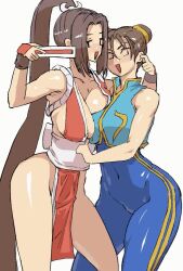 2girls animated bad_tag black_hair blush bouncing_breasts breast_press breasts brown_hair capcom chun-li cleavage crossover fatal_fury grabbing_another's_breast grin groping helmet large_breasts legs long_hair looking_to_the_side multiple_girls no_bra open_mouth ponytail revealing_clothes sashizume_soutarou shiny_skin shiranui_mai sideboob smile snk street_fighter swinging symmetrical_docking the_king_of_fighters thighs video white_background wide_hips