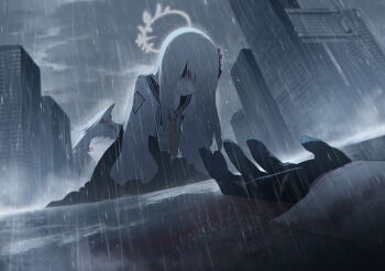 2girls angel_wings artist_request azusa_(blue_archive) black_gloves black_sailor_collar black_skirt bleeding blood blood_on_clothes blood_on_ground blue_archive building character_request despair feathered_wings flower game_cg gloves hair_flower hair_ornament halo highres injury lightning_rod long_hair low_wings multiple_girls neckerchief non-web_source official_art on_ground outdoors pink_flower puffy_sleeves rain sailor_collar school_uniform serafuku shaded_face sidelocks skirt spoilers torn_clothes trinity_general_school_logo white_hair wing_ornament wings yellow_halo yellow_neckerchief