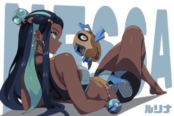 1girl bare_shoulders black_hair blue_eyes blue_hair breasts crop_top dark-skinned_female dark_skin earrings feebas fish gen_3_pokemon jewelry looking_back lying medium_breasts nessa_(pokemon) nintendo on_back poke_ball pokemon pokemon_swsh rio_chico_art shorts sleeveless swimsuit