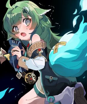 1girl @_@ ahoge animal_ears bare_shoulders black_background black_shoes commentary_request fang fox_ears fox_girl fox_tail green_eyes green_hair highres honkai:_star_rail honkai_(series) huohuo_(honkai:_star_rail) long_hair long_sleeves looking_at_viewer open_mouth shoes simple_background skin_fang socks tail tail_(honkai:_star_rail) trembling tukuti white_socks