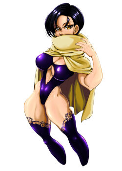 1girl aged_up black_hair breasts cape cleavage_cutout clothing_cutout covered_mouth curvy female_focus highres large_breasts looking_at_viewer mature_female merlin_(nanatsu_no_taizai) midriff mokushiroku_no_yonkishi mole muscular_legs nanatsu_no_taizai navel short_hair sideboob solo swimsuit thick_thighs thighhighs thighs underboob yellow_eyes