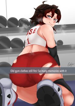 1girl absurdres aikiyun ass bare_shoulders black_hair blush breasts buruma cameltoe english_text from_behind gradient_hair grey_eyes gym_uniform highres knee_pads kneeling large_breasts legs looking_at_viewer looking_back midriff multicolored_hair naughty_face red_hair ruby_rose rwby shoes short_hair shorts sideboob sleeveless smell smile snapchat sneakers solo sportswear sweat thick_thighs thighs torn_clothes weights workout_clothes wristband