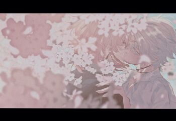 2boys antenna_hair black_choker black_shirt blonde_hair blue_eyes cherry_blossoms choker closed_eyes collared_shirt commentary facial_tattoo gradient_hair hand_on_another's_shoulder highres honkai:_star_rail honkai_(series) kiss male_focus medium_hair multicolored_hair multiple_boys mydei_(honkai:_star_rail) neck_tattoo parted_bangs phainon_(honkai:_star_rail) red_hair red_tattoo shirt short_hair sun_symbol sun_tattoo symbol-only_commentary tan tattoo trl1oa watermark white_hair white_shirt yaoi yellow_eyes