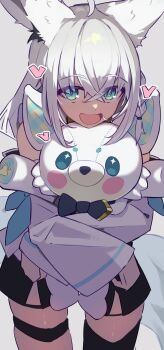 1girl absurdres ahoge animal_ears blue_eyes bow bowtie commentary_request cowboy_shot detached_sleeves dot_nose fox_ears fox_girl fox_tail hair_between_eyes heart highres hololive hug hugging_object looking_at_viewer moritatsu open_mouth paw_print shirakami_fubuki shirakami_fubuki_(1st_costume) short_shorts shorts simple_background single_thighhigh solo star_(symbol) stuffed_toy sukonbu_(shirakami_fubuki) tail thigh_strap thighhighs virtual_youtuber white_background white_hair