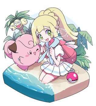 alolan_exeggutor alolan_form blonde_hair clefairy gen_1_pokemon gen_7_pokemon green_eyes highres lillie_(pokemon) nintendo pokemon pokemon_(creature) pokemon_sm yoshishi_(yosisitoho)
