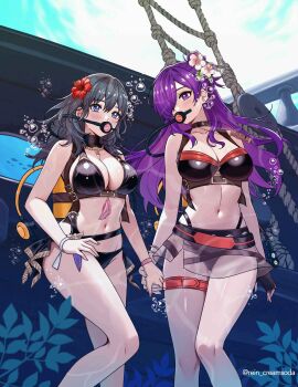 2girls absurdres air_bubble bare_shoulders bikini black_bikini black_choker blue_eyes blue_hair breasts bubble choker cleavage dagger diving_regulator female_byleth_(fire_emblem) female_byleth_(summer)_(fire_emblem) female_shez_(fire_emblem) female_shez_(summer)_(fire_emblem) fire_emblem fire_emblem:_three_houses fire_emblem_heroes fire_emblem_warriors:_three_hopes flower hair_flower hair_ornament hair_over_one_eye hibiscus highres holding holding_hands knife ladder large_breasts long_hair looking_at_viewer multiple_girls navel nintendo official_alternate_costume oxygen_tank purple_eyes purple_hair rebreather red_flower rein_creamsoda rope_ladder scuba scuba_gear scuba_tank sheath sheathed stomach swimsuit underwater weapon white_flower