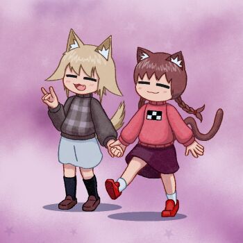 2girls :3 :d =_= animal_ear_fluff animal_ears black_socks black_sweater blonde_hair blue_skirt braid brown_hair brown_shoes cat_ears cat_girl cat_tail closed_eyes closed_mouth deformed friends frostbitemint full_body gesture_request hair_flaps hashtag-only_commentary holding_hands kemonomimi_mode kneehighs loafers long_sleeves low_twin_braids madotsuki medium_hair multiple_girls open_mouth pink_background pink_sweater plaid_clothes plaid_sweater purple_skirt red_shoes shoes short_hair skirt smile socks sweater tail turtleneck turtleneck_sweater twin_braids urotsuki walking white_socks wolf_ears wolf_girl wolf_tail yume_2kki yume_nikki