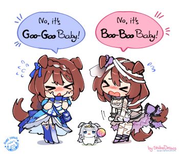 &gt;_&lt; 3girls ahoge animal_ears bandage_on_hair bandaged_arm bandaged_hand bandaged_head bandaged_torso bandages blue_bag blue_boots blue_dress blue_eyes blue_scarf blush boots bow braid braided_ponytail breasts brown_hair candy cleavage closed_eyes dress ear_bow ear_ribbon ear_scrunchie ears_down english_text food grey_hair hair_between_eyes hair_ornament hairband halloween halloween_costume hands_on_own_face highres holding holding_candy holding_food holding_lollipop horse_ears horse_girl horse_tail lollipop long_hair low-tied_long_hair medium_breasts multicolored_hair multiple_girls mummy_costume official_alternate_costume oguri_cap_(umamusume) open_mouth scarf shibedraws shoes skirt speech_bubble streaked_hair super_creek_(chiffon-wrapped_mummy)_(umamusume) super_creek_(murmuring_stream)_(umamusume) super_creek_(umamusume) tail thigh_boots thighhighs torn_bandages umamusume very_long_hair white_hair white_thighhighs