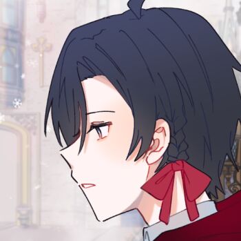 Rule 34 | 1boy, ahoge, black eyes, black hair, braid, commentary, dreamycakesss, english commentary, from side, hair ribbon, lowres, male focus, original, parted lips, portrait, profile, red ribbon, ribbon, short hair, single braid, solo