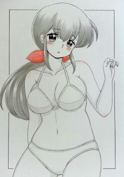 bikini black_hair blush bow breasts hair_bow hand_up long_bangs long_hair maison_ikkoku medium_breasts navel open_mouth otonashi_kyouko panties ponytail red_bow simple_background swimsuit underwear white_background white_bikini white_panties