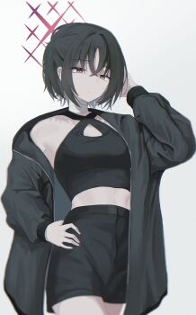 Rule 34 | 1girl, absurdres, bandaged neck, bandages, barbell piercing, black jacket, blue archive, closed mouth, commentary request, criss-cross halter, ear piercing, halo, halterneck, highres, industrial piercing, jacket, long sleeves, misaki (blue archive), misaki (zozotown) (blue archive), mixed-language commentary, moutanmen5, official alternate costume, official alternate hairstyle, piercing, pink eyes, red eyes, red halo, simple background, solo, white background, zozotown