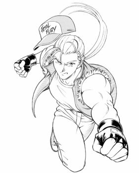 1990s_(style) 1boy angry bare_arms bare_shoulders baseball_cap clenched_teeth clothes_writing copyright_name crew_neck fatal_fury fingerless_gloves from_above full_body gloves greyscale hat incoming_attack jacket lineart long_hair looking_at_viewer looking_up monochrome muscular muscular_male outstretched_arm pants ponytail punching retro_artstyle sanpaku serious shirt shoes sleeveless solo standing standing_on_one_leg teeth teiku_(take) terry_bogard