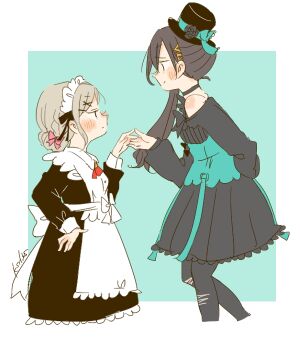 2girls apron aqua_background bare_shoulders black_dress black_hair black_hat black_pantyhose border bow ceras_yanagida_lilienfeld cho_toutoi_love cropped_legs dress edel_note frilled_apron frills grey_hair hair_bow hair_ornament hat kase_(ks_lys) katsuragi_izumi link!_like!_love_live! lone_nape_hair long_hair long_sleeves love_live! maid maid_apron maid_headdress multiple_girls new_black_(love_live!) outside_border pantyhose pink_bow profile side_ponytail simple_background top_hat triangle_hair_ornament virtual_youtuber white_apron white_border