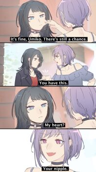 2girls bang_dream! bang_dream!_it&#039;s_mygo!!!!! black_choker black_hair black_jacket blue_eyes cheek_pinching cheek_pull choker closed_mouth collarbone english_text fang highres jacket leather leather_jacket long_hair looking_at_another medium_hair multiple_girls niigouki off-shoulder_shirt off_shoulder open_clothes open_jacket open_mouth pinching pink_eyes purple_eyes purple_hair scene_reference shirt short_hair smile spaghetti_strap upper_body yahata_umiri yuutenji_nyamu