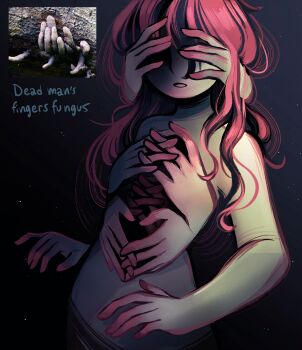 Rule 34 | 1girl, colored skin, covering own eyes, extra hands, feefal, fungi, funguary, highres, long hair, nude, object and personification, original, personification, photo inset, procreate (medium), red hair, reference inset, solo