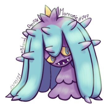 Rule 34 | artist name, blue eyes, colored sclera, fangs, gen 7 pokemon, looking at viewer, lowres, mareanie, mehyawl, nintendo, no humans, open mouth, pokemon, pokemon (creature), solo, spikes, transparent background, yellow sclera