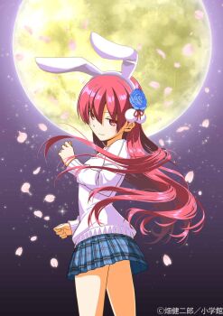 1girl blue_flower blue_skirt blush cleaned closed_mouth collarbone colorized cover cover_page dot_nose falling_petals female_focus flower flower_on_head from_side hair_flower hair_ornament hata_kenjirou highres japanese_text legs long_hair long_sleeves looking_at_viewer manga_cover manga_illustration manga_page miniskirt moon moonlight multicolored_skirt night night_sky official_art petals pink_petals pleated_skirt rabbit_ears rabbit_hair_ornament red_eyes red_hair skirt sky smile solo solo_focus sweater thighs tonikaku_kawaii translation_request white_sweater yellow_moon yuzaki_tsukasa