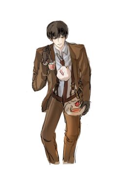 Rule 34 | 1boy, biyoo (omniscient reader's viewpoint), black gloves, black hair, brown coat, cake, coat, collared shirt, commentary request, feeding, feet out of frame, food, fork, gloves, highres, hjtdc61fdy9895, holding, holding cake, holding food, holding fork, holding phone, kim dokja, korean commentary, male focus, necktie, omniscient reader's viewpoint, phone, red necktie, shirt, short hair, solo, strawberry shortcake, white shirt