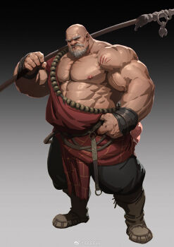 1boy 6suan abs bald bara bare_pectorals facial_hair full_body grey_hair hadanugi_dousa highres huge_pectorals male_focus mature_male monk muscular muscular_male mustache nipples open_kimono original over_shoulder pectorals solo standing strongman_waist tsurime weapon weapon_over_shoulder wrinkled_skin