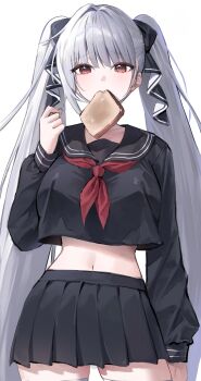 1girl absurdres aco_(aco_7313) arm_at_side azur_lane black_ribbon black_sailor_collar black_serafuku black_shirt black_skirt blunt_bangs blush bread bread_slice breasts clenched_hand commentary cowboy_shot eyelashes food food_in_mouth formidable_(azur_lane) formidable_(the_lover's_heart_flutters_on_duty)_(azur_lane) grey_hair hair_intakes hair_ribbon hand_up highres large_breasts long_hair looking_at_viewer midriff miniskirt mouth_hold navel neckerchief pleated_skirt red_eyes red_neckerchief ribbon sailor_collar school_uniform serafuku shirt sidelighting sidelocks simple_background skirt solo thighhighs toast toast_in_mouth twintails very_long_hair white_background white_thighhighs zettai_ryouiki