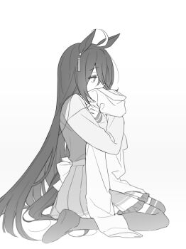 1girl absurdres animal_ears commentary from_side greyscale hair_over_one_eye highres holding_unworn_jacket horse_ears horse_girl horse_tail long_sleeves manhattan_cafe_(umamusume) monochrome nyongmappyoi school_uniform shirt shoes sitting skirt solo symbol-only_commentary tail thighhighs tracen_school_uniform umamusume wariza