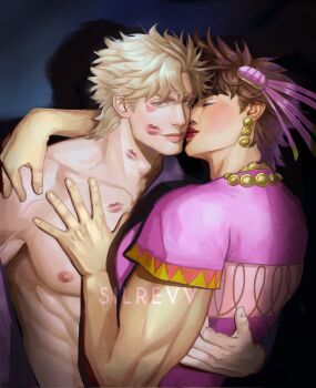 2boys battle_tendency blonde_hair brown_hair caesar_anthonio_zeppeli closed_mouth commentary crossdressing crossdressing_(mtf) dress earrings english_commentary facial_mark green_eyes hair_ornament highres jewelry jojo_no_kimyou_na_bouken joseph_joestar joseph_joestar_(tequila) joseph_joestar_(young) kiss lipstick_mark makeup male_focus multiple_boys muscular muscular_male nipples official_alternate_costume pectorals pink_dress red_lips short_sleeves silrevv topless_male watermark yaoi