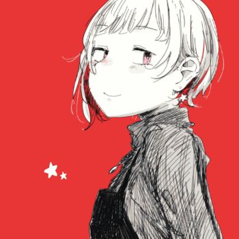 1girl 524ryo closed_mouth commentary_request earrings greyscale_with_colored_background highres jewelry link!_like!_love_live! long_sleeves looking_at_viewer love_live! official_alternate_costume pink_eyes red_background simple_background smile solo spot_color star_(symbol) star_earrings sweater turtleneck turtleneck_sweater upper_body virtual_youtuber yugiri_tsuzuri yugiri_tsuzuri_(post-graduation)