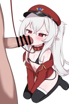 1boy 1girl absurdres bar_censor bdsm bikini black_bikini censored collar commentary commission english_commentary fellatio flat_chest hat hetero highres leash loli long_hair micro_bikini oral original penis pointy_ears red_collar red_eyes slave swimsuit thighhighs variant_set white_background white_hair zing_(z_z_zing)