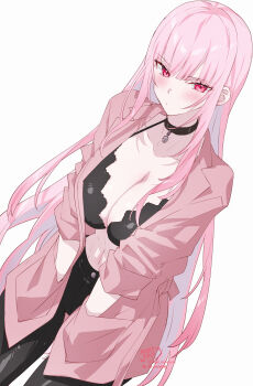 1girl absurdres alternate_costume black_choker blush breasts choker cleavage highres hololive hololive_english jacket jewelry kamiya_maneki large_breasts long_hair long_sleeves looking_at_viewer mori_calliope navel open_clothes open_jacket pink_eyes pink_hair pink_jacket red_eyes simple_background skull_choker smile solo twitter_username virtual_youtuber