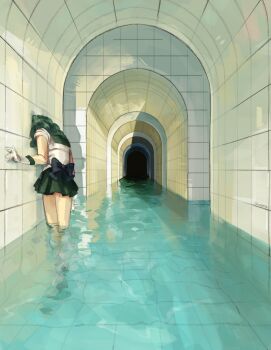 1girl against_wall arch back_bow bishoujo_senshi_sailor_moon bow from_behind gloves green_sailor_collar green_skirt highres in_water kaiou_michiru liminal_space long_hair mercuri0ff pool sailor_collar sailor_neptune sailor_senshi_uniform skirt solo white_gloves