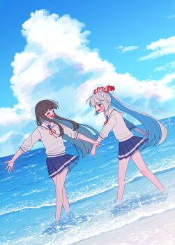 2girls alternate_costume beach blue_skirt blue_sky blush bow brown_hair closed_eyes cloud commentary_request day fujiwara_no_mokou grey_hair hair_bow highres holding_another&#039;s_wrist houraisan_kaguya long_hair long_sleeves multiple_girls neck_ribbon ocean open_mouth outdoors pleated_skirt ponytail red_eyes red_ribbon ribbon school_uniform shirt skirt sky smile tamiko_(tamik0224) touhou very_long_hair white_shirt
