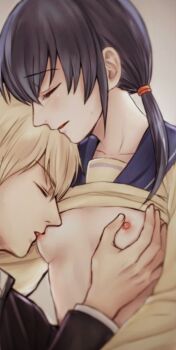 Rule 34 | 1girl, black hair, blonde hair, blurry, breast sucking, breasts, closed eyes, clothes lift, collarbone, corpse party, cpsuna5119, depth of field, grabbing another's breast, groping, highres, kishinuma yoshiki, long hair, long sleeves, nipples, profile, school uniform, serafuku, shinozaki ayumi, shirt lift, short hair, sketch, small breasts