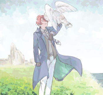 1boy axis_powers_hetalia beak bird bird_wings black_gloves blue_coat blue_necktie blue_sky brown_vest clenched_hands closed_eyes cloud cloudy_sky coat collared_shirt commentary_request cowboy_shot day feathered_wings floating_clothes gloves grass green_coat grey_shirt hair_between_eyes hand_up lapels male_focus namo_(7-30-7) necktie northern_ireland_(hetalia) ocean open_clothes open_coat open_mouth open_vest outdoors owl pants red_hair rock scenery shirt short_hair sky smile standing teeth two-sided_coat two-sided_fabric vest white_pants wings