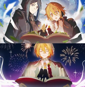 Rule 34 | + +, 1other, 6+boys, 6+girls, :d, aerial fireworks, bags under eyes, bari (project moon), black coat, black jacket, blonde hair, blue eyes, blush, book, closed eyes, closed mouth, cloud, coat, dante (limbus company), day, don quixote (project moon), dress, faust (project moon), feather boa, fireworks, flaming head, flying grass, gold trim, gregor (project moon), hair between eyes, hashtag-only commentary, heathcliff (project moon), highres, holding, holding book, hong lu (project moon), jacket, la manchaland's don quixote (project moon), limbus company, meursault (project moon), multiple boys, multiple girls, necktie, night, official alternate costume, open clothes, open coat, open mouth, outis (project moon), people, pointing, pointing up, project moon, red necktie, rodion (project moon), ryoshu (project moon), sancho (project moon), shirt, short hair, sidelocks, silhouette, sinclair (project moon), sixgod, sky, smile, white dress, white hair, white shirt, yi sang (project moon)