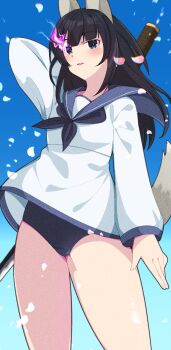 Rule 34 | 1girl, agatsuma kaede, alice gear aegis, arm up, black leotard, black neckerchief, blue sailor collar, blush, breasts, commentary request, highres, holding, holding behind back, holding sword, holding sword behind back, holding weapon, holding weapon behind back, leotard, leotard under clothes, long hair, long sleeves, looking at viewer, neckerchief, no pants, oi tie, sailor collar, sailor shirt, shirt, solo, standing, sword, tail, thighs, weapon, white shirt