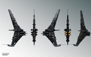 Rule 34 | 3d, attack ship (eve online), battlecruiser (eve online), boundless creation (eve online), commentary, eve online, from behind, from side, glowing, grey background, grey theme, highres, military vehicle, minmatar republic (eve online), monochrome background, multiple views, no humans, realistic, republic fleet (eve online), science fiction, spacecraft, thrusters, tornado (eve online), vankaiser, vehicle focus