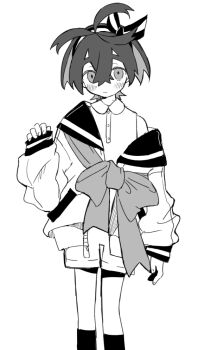 1boy alternate_costume bow closed_mouth commentary_request crossed_bangs greyscale hair_between_eyes hairband jacket kieran_(pokemon) long_sleeves looking_at_viewer male_focus mole mole_on_neck monochrome nintendo off_shoulder open_clothes open_jacket pokemon pokemon_sv sailor_collar shirt shorts simple_background sleeves_past_wrists socks solo tet0325