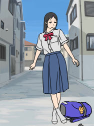 1girl animated backpack bag barefoot black_eyes black_hair black_shoes blue_skirt blue_sky bow building day exhibitionism full_body green_panties hair_ornament hairclip jukkaku_komado loafers long_hair original outdoors panties public_indecency red_neckwear road school_uniform shirt shoes short_sleeves skirt sky socks solo standing street tagme throwing ugoira underwear undressing unworn_backpack unworn_bag unworn_shoes unworn_skirt unworn_socks video white_shirt white_socks