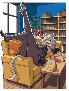 1girl absurdres animal_ears bag black_dress bookshelf breasts burger cat_ears cat_ggirl coach cup disposable_cup dress fishnet_pantyhose fishnet_top fishnets food french_fries highres holding holding_phone inaka_mono indoors large_breasts lying mcdonald&#039;s medium_hair on_back open_mouth pantyhose paper_bag phone pillow plant puffy_short_sleeves puffy_sleeves short_sleeves solo table teeth white_hair white_tail wooden_floor