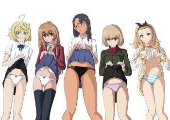 5girls absurdres ahoge aisaka_taiga averting_eyes black_panties black_skirt black_thighhighs blonde_hair blue_bow blue_bowtie blue_eyes blue_skirt blush bow bowtie breasts brown_eyes brown_hair cameltoe clenched_teeth closed_mouth clothes_lift earrings girls_und_panzer gluteal_fold gzv hair_bow highres hood hoodie ijiranaide_nagatoro-san iya_na_kao_sare_nagara_opantsu_misete_moraitai iya_na_kao_sare_nagara_opantsu_misete_moraitai_yo_wa_pantsu_ga_mitai_zo jewelry katyusha_(girls_und_panzer) kurumi_(lycoris_recoil) lifting_own_clothes lingerie loli long_hair looking_at_viewer lycoris_recoil military_uniform miniskirt multiple_girls nagatoro_hayase navel panties pink_panties pravda_military_uniform shirt_lift short_hair simple_background skirt skirt_flip skirt_lift small_breasts striped_clothes striped_panties tanya_degurechaff teeth thighhighs toradora! underwear white_background white_hair white_panties youjo_senki