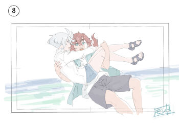 Rule 34 | 2girls, arms around neck, black sandals, blue eyes, blue shorts, carrying, commentary request, grey eyes, grey shorts, gundam, gundam suisei no majo, highres, long hair, miorine rembran, monto (user dmde2437), multiple girls, ocean, open mouth, outdoors, princess carry, red hair, sandals, short hair, shorts, suletta mercury, white hair, yuri