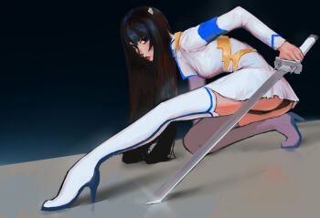 Rule 34 | 1girl, ass, bakuzan, black hair, black panties, blue eyes, boots, breasts, commentary request, epaulettes, high heel boots, high heels, holding, holding sword, holding weapon, junketsu, kill la kill, kiryuuin satsuki, long hair, panties, partial commentary, solo, squatting, sword, thigh boots, underwear, weapon, yuanyujia